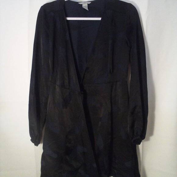 H&M Wrap Dress Women 4 Short Long Sleeve Satin Bird Print Black - Picture 1 of 15